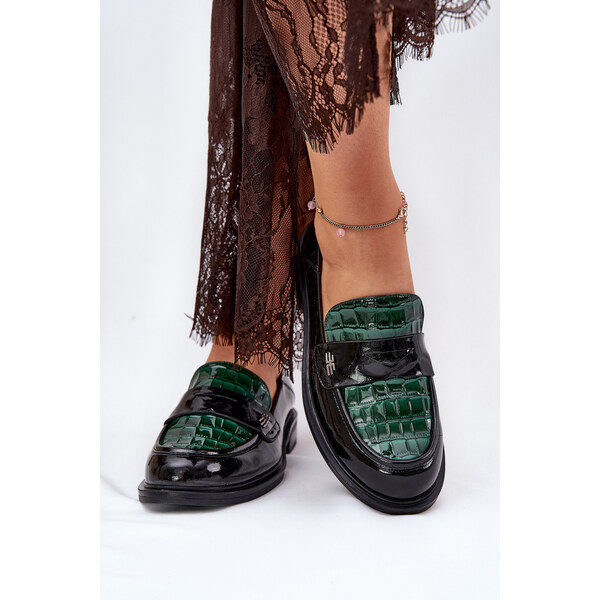 Lakierowane Skórzane Mokasyny Damskie Vinceza 91125 Zielono-Czarne 66662309