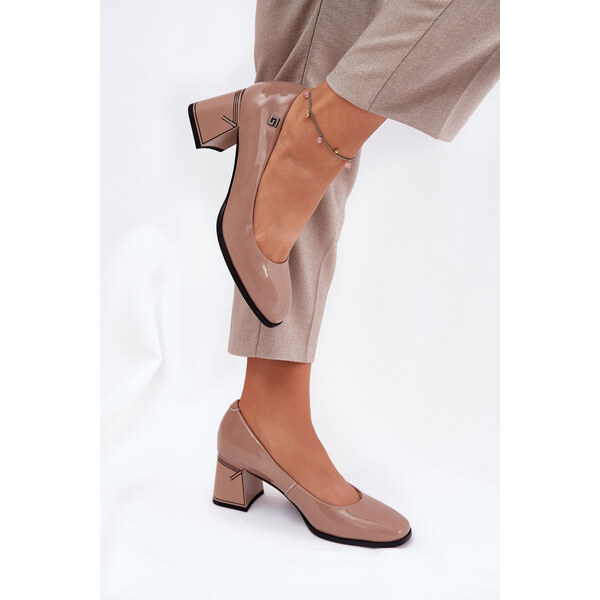 Skórzane Lakierowane Czółenka Na Słupku Vinceza 91130 Beżowe 66662307