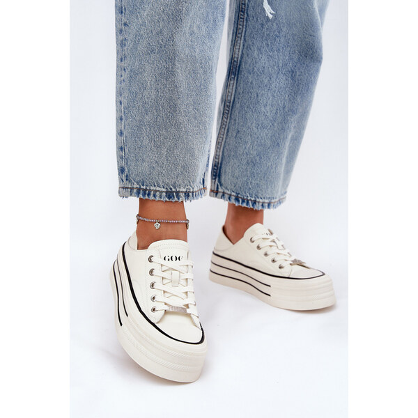 Skórzane Trampki Damskie Na Platformie GOE RR2N4106 Białe 66662319