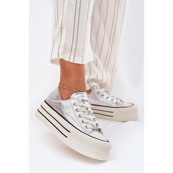 Skórzane Trampki Damskie Na Platformie GOE RR2N4108 Srebrne 66662320