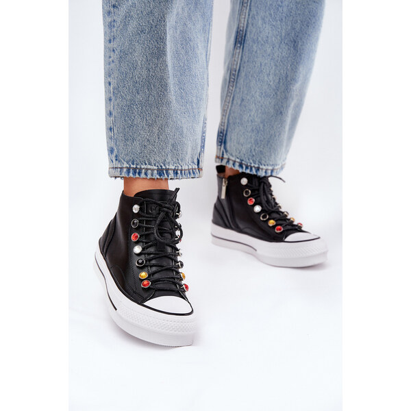 Skórzane Wysokie Trampki Damskie GOE RR2N4101 Czarne 66662326