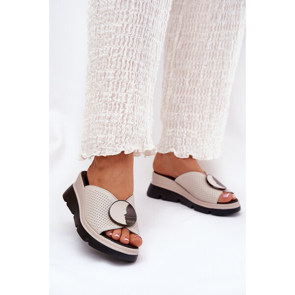 Skórzane Klapki Damskie Z Ozdobą S.Barski LR51-662 Beżowe 66662348