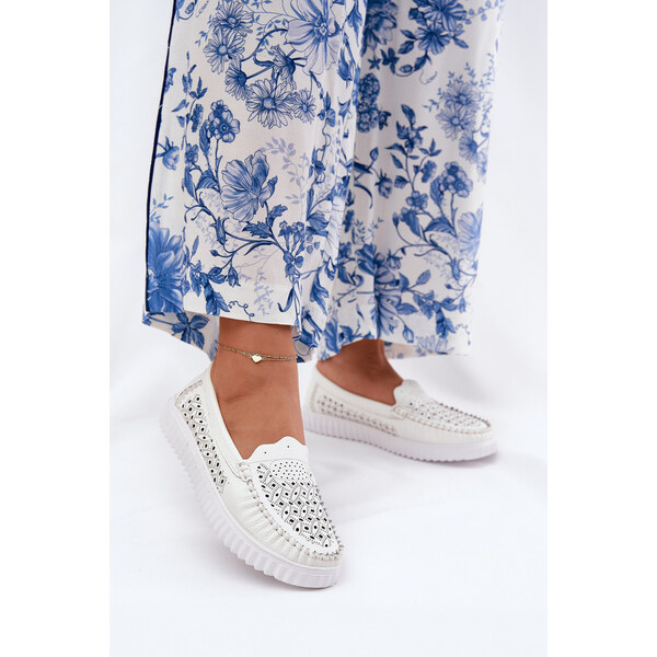 Skórzane Mokasyny Damskie Z Ażurowym Wzorem Vinceza 88028 Białe 66662372