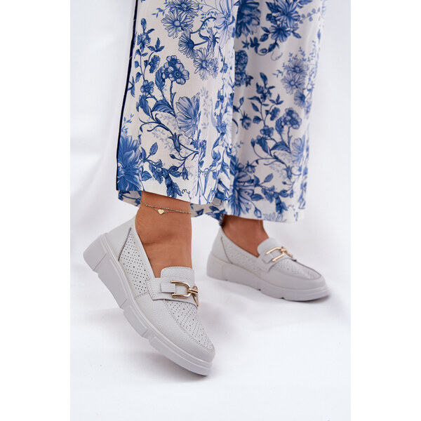 Mokasyny Damskie Skórzane Ze Złotym Detalem Vinceza 88007 Jasnoszare 66662375