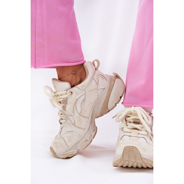 Skórzane Sneakersy Damskie GOE RR2N4037 Beżowe 66662456