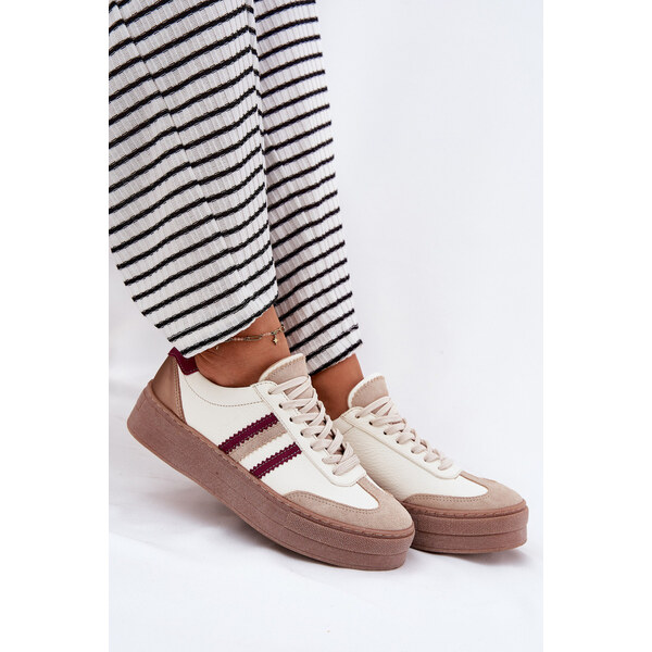 Skórzane Sneakersy Damskie Na Platformie Zazoo N1234 Beżowo-Bordowe 66662486