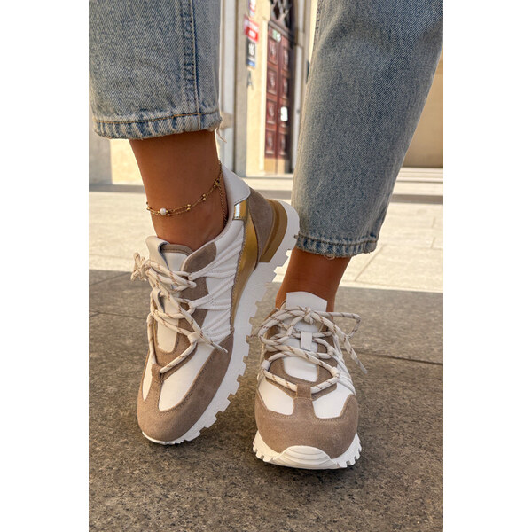 Skórzane Półbuty Sneakersy Damskie Artiker 56C1738 Beżowo-Złote 66662521