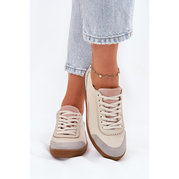 Skórzane Sneakersy Damskie Zazoo N1220 Beżowe 66662534