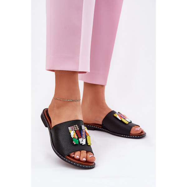 Boto Klapki Damskie Na Płaskim Obcasie Z Ozdobą Czarne Clelione 66662795