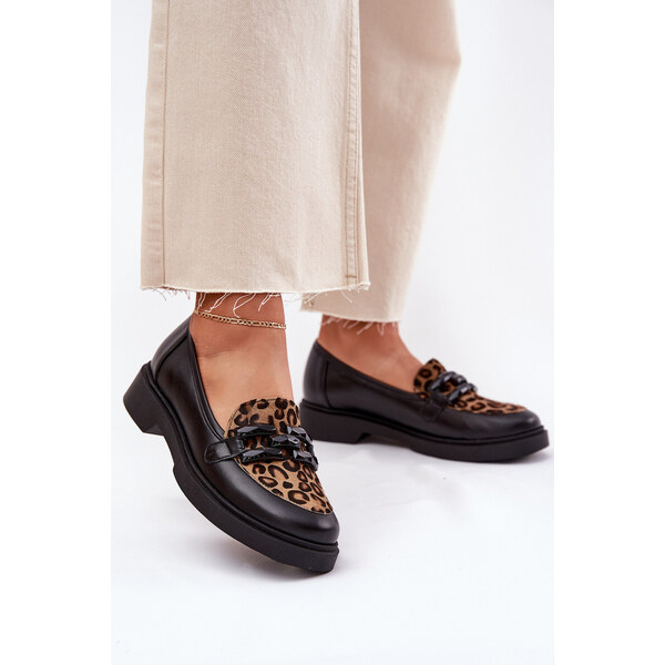 Skórzane Mokasyny Z Ozdobą I Panterką Laura Messi 2965 Czarne 66662797