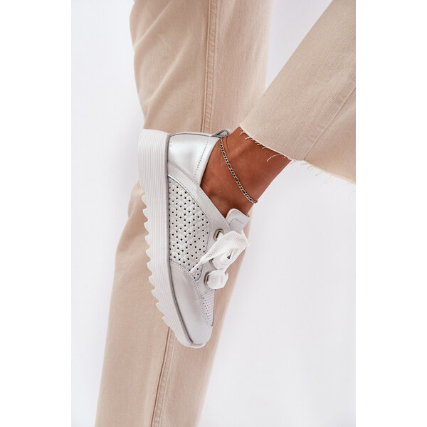 S.Barski Skórzane Sneakersy Damskie Na Platformie D&A LR51-796 Srebrne 66662803