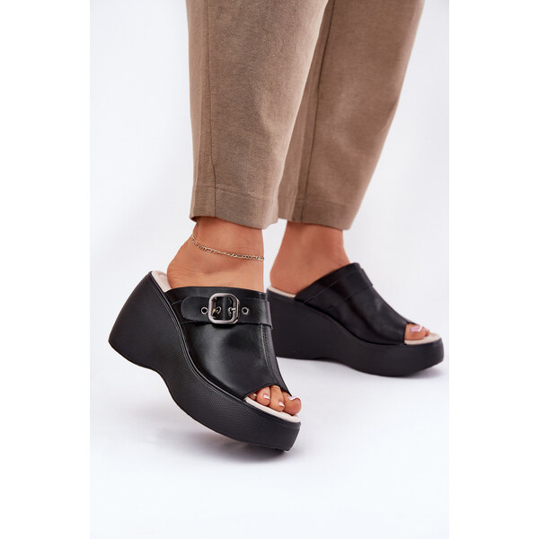 Skórzane Klapki Damskie Na Platformie I Koturnie Z Klamrą S.Barski 66662804