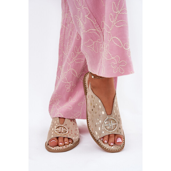 Skórzane Sandały Na Płaskim Obcasie Z Ozdobą S.Barski KV51-094 Złote 66662904