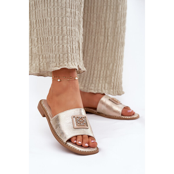 Damskie Klapki Na Płaskim Obcasie Z Ozdobą S.Barski KV51-089 Złote 66662912