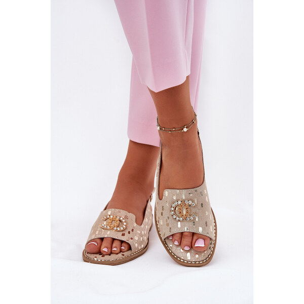 Skórzane Sandały Z Ozdobą Na Płaskim Obcasie S.Barski KV51-096 Złote 66662911