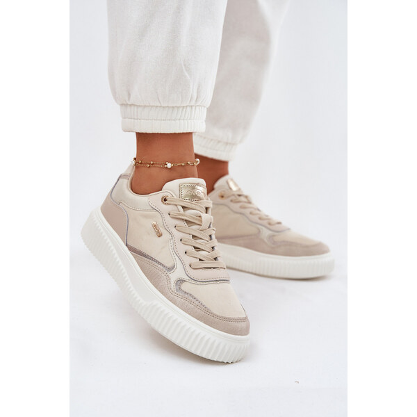 EVENTO Skórzane Sneakersy Damskie Na Platformie Beżowe Velarria 66662936