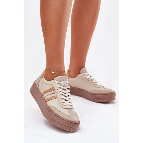 Skórzane Sneakersy Damskie Na Platformie Zazoo N1234 Beżowe 66663067