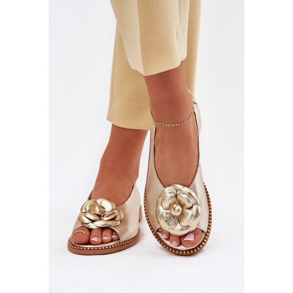 Skórzane Płaskie Sandały Z Ozdobą CheBello 4642 Złote 66663279