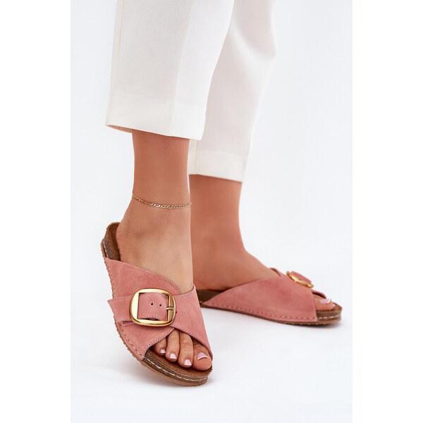 Skórzane Klapki Ze Złotą Klamrą Maciejka 07000-15 Różowe 66663349