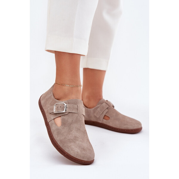 Zamszowe Półbuty Barefoot Damskie Z Klamrą Zazoo N1261 Beżowe 66663359