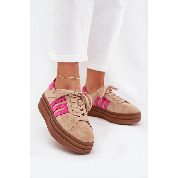 Boto Sneakersy Damskie Na Platformie Z Naturalnego Zamszu Beżowo 66663505