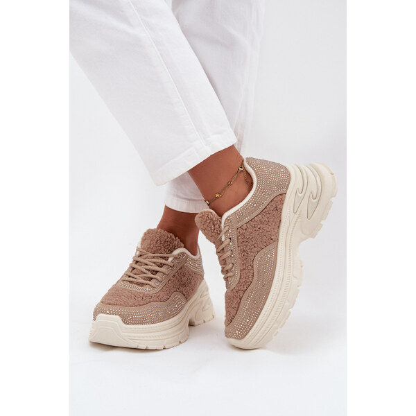 Boto Sneakersy Damskie Z Cyrkoniami I Futerkiem Typu Baranek Beżowe 66663645