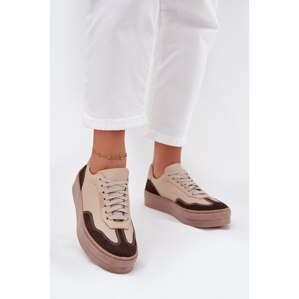 Skórzane Sneakersy Damskie Na Platformie Zazoo N1269S2 Beżowe 66663699