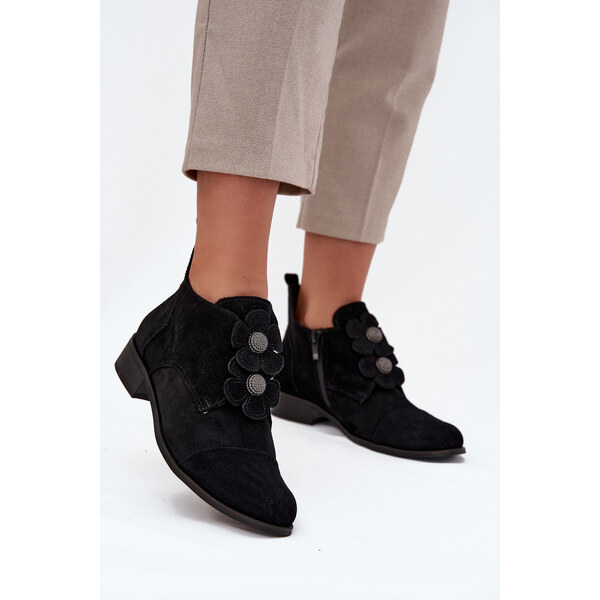 Zamszowe Półbuty Damskie Z Ozdobnymi Kwiatkami Zazoo 3080 Czarne 66663713