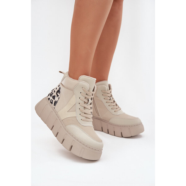 Skórzane Botki Damskie Na Platformie Ocieplane Vinceza 66838 Beżowe 66663757