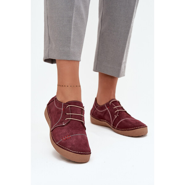 Skórzane Półbuty Damskie Z Przeszyciami Artiker 57C2111 Bordowe 66663937