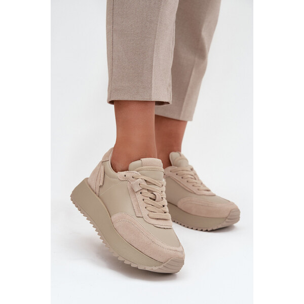 Skórzane Sneakersy Damskie Na Platformie Artiker 55C0021 Beżowe 66663942