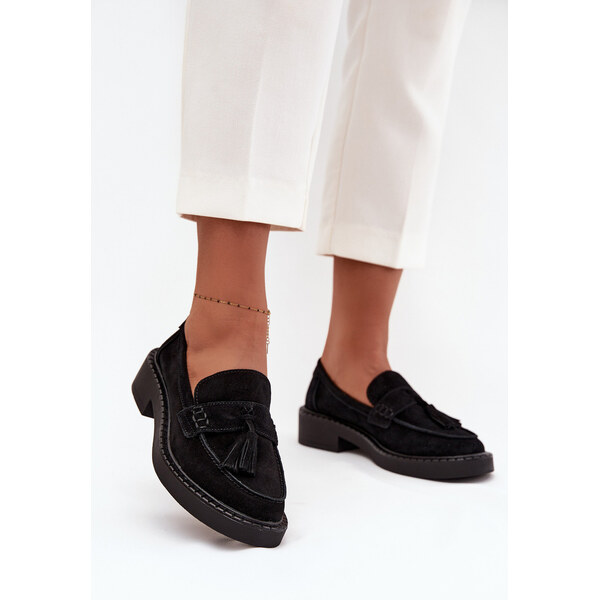 S.Barski Mokasyny Damskie Zamszowe Z Frędzlami D&A TW107 Czarne 66664080