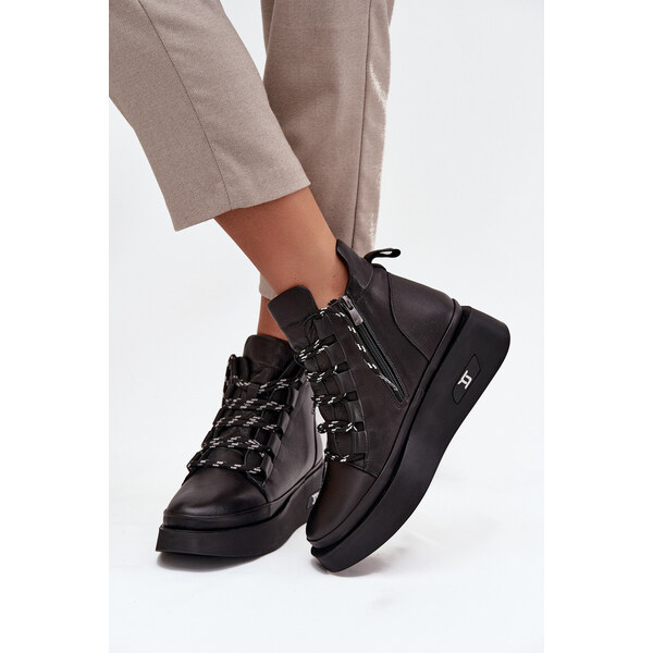 Skórzane Botki Damskie Na Platformie Ocieplane Artiker 55C0809 Czarne 66664088