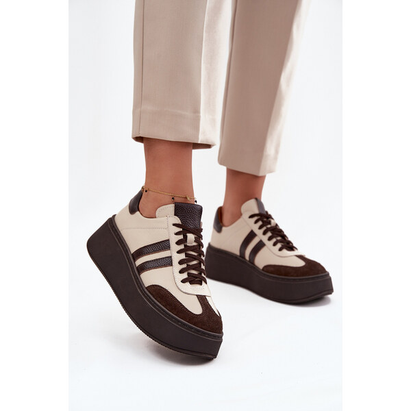 Skórzane Sneakersy Damskie Na Platformie Zazoo 3775 Beżowo-Czekoladowe 66664192