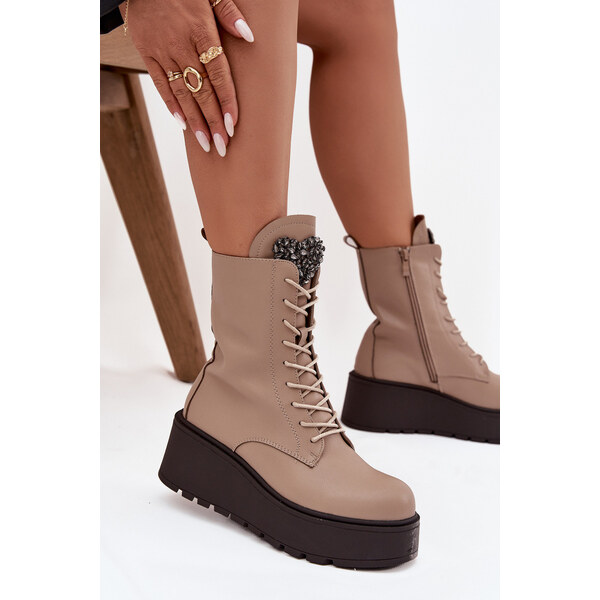 Kesi Dámske kožené čižmy Ulrika s ozdobou a zateplením - béžové 66884165