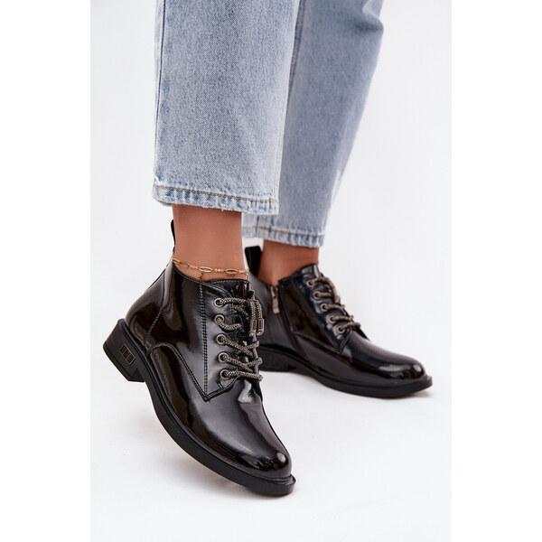 Skórzane Lakierowane Botki Damskie Z Ozdobnym Sznurowaniem D&A MR52 66664290