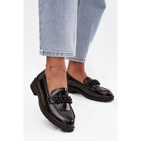 D&A Mokasyny Damskie Lakierowane Z Koralikami S.Barski HY52-541 Czarne 66664296