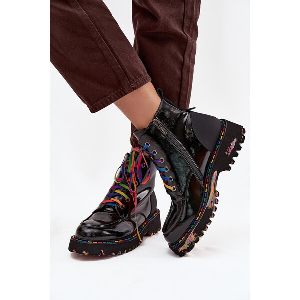 Skórzane Lakierowane Botki Damskie Artiker 57C0064 Czarne 66664337