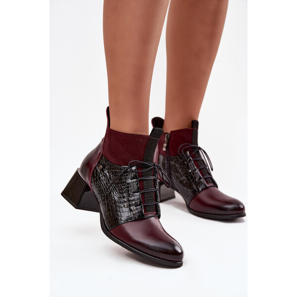 Zazoo 60503 Skórzane Botki Na Obcasie Ocieplane Bordowe 66664351