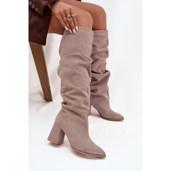 Kesi Dámske zateplené čižmy Zazoo na podpätku - béžové, pravý semiš 66884445