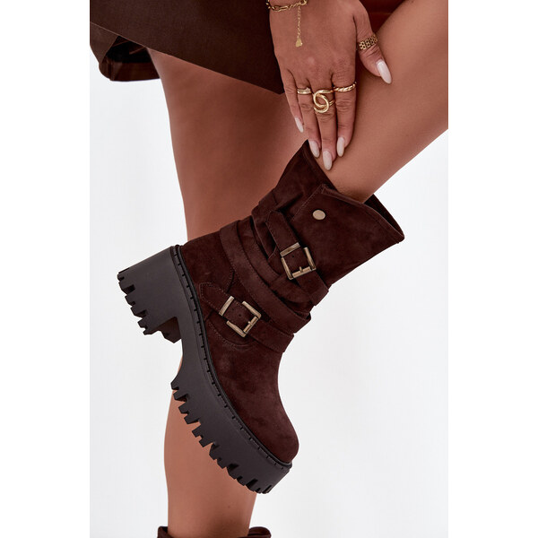 Kesi Dámske čižmy na pevnom podpätku s remienkami a prackami Nerelisa 66884151