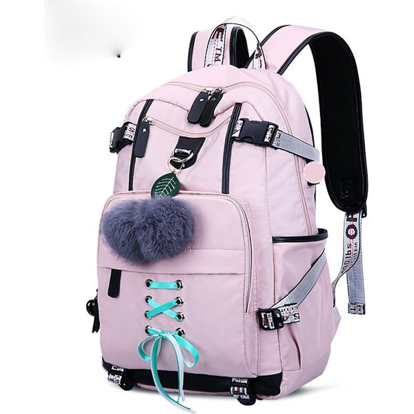 Lifestyle Dievčenský teenager školský batoh s USB Čerešničky Ružový 65229605