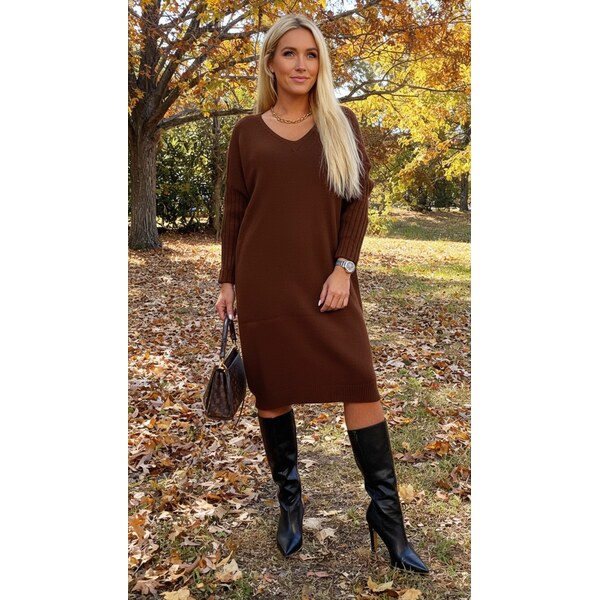 Svetrové šaty s rebrovanými rukávmi hnedé 66376343