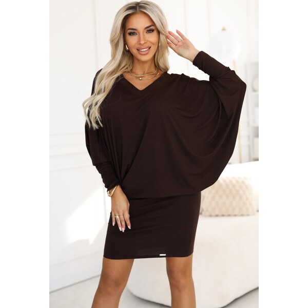 NUMOCO Čokoládovo hnedé teplé svetrové šaty s netopierími rukávmi 402 66379080