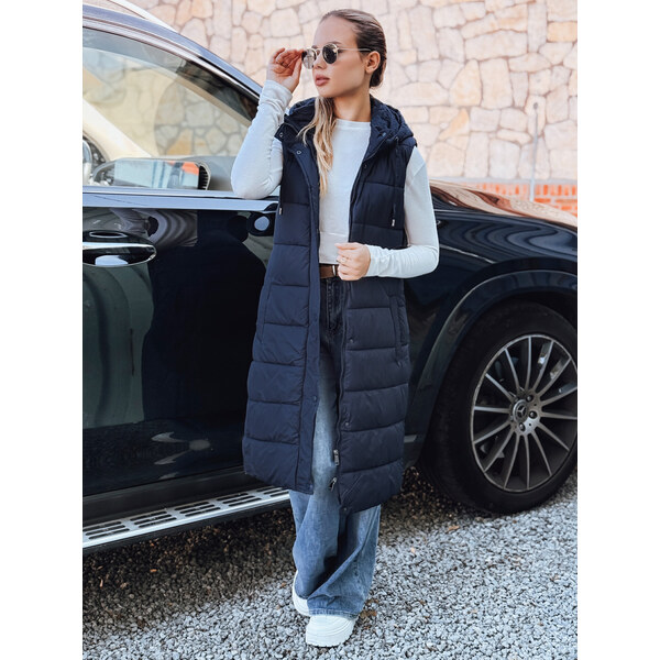 BASIC Tmavomodrá dámska dlhá prešívaná vesta s kapucňou TY5252 66379103