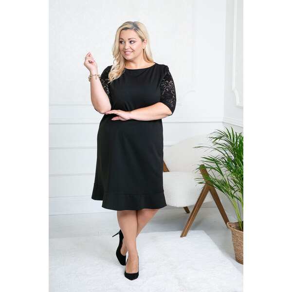 (veľ. 46) Šaty s čipkovanými rukávmi a volánom čierne 66949729