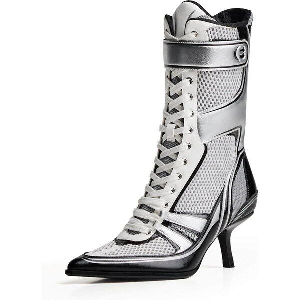 Bershka Šnurovacie členkové čižmy čierna / strieborná / biela 66429869