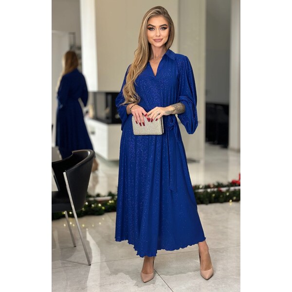 (veľ. 44) Trblietavé šaty s košeľovým golierom kráľovská modrá 66437720