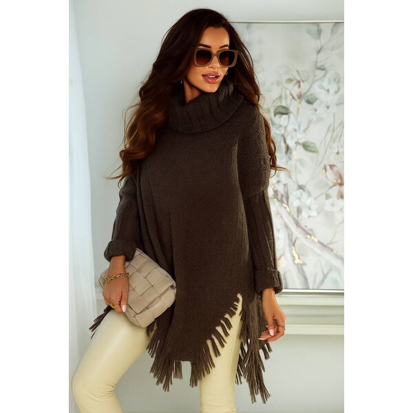 Fashionweek Sveter pončo s rolákom so strapcami BOHO ŠTÝL JK-GAJA 48929400