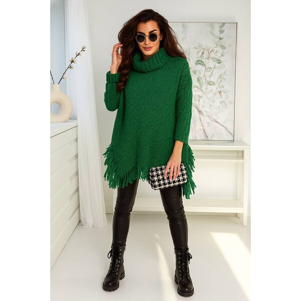 Fashionweek Sveter pončo s rolákom so strapcami BOHO ŠTÝL JK-GAJA 48929397